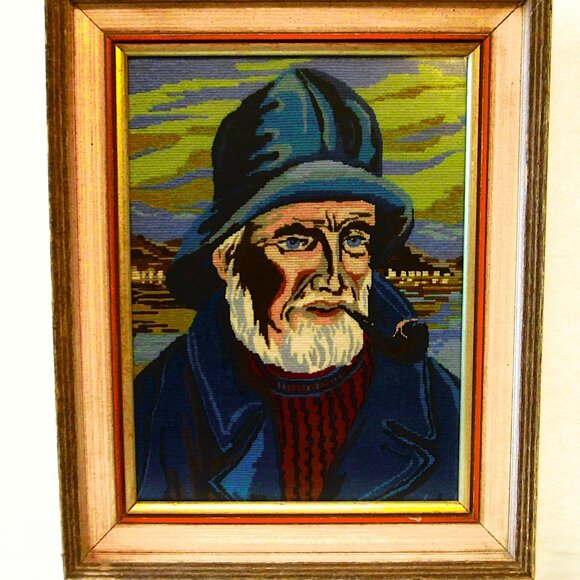 Old Man by the Sea framed needlepoint made in Denmark - Picture 1 of 6